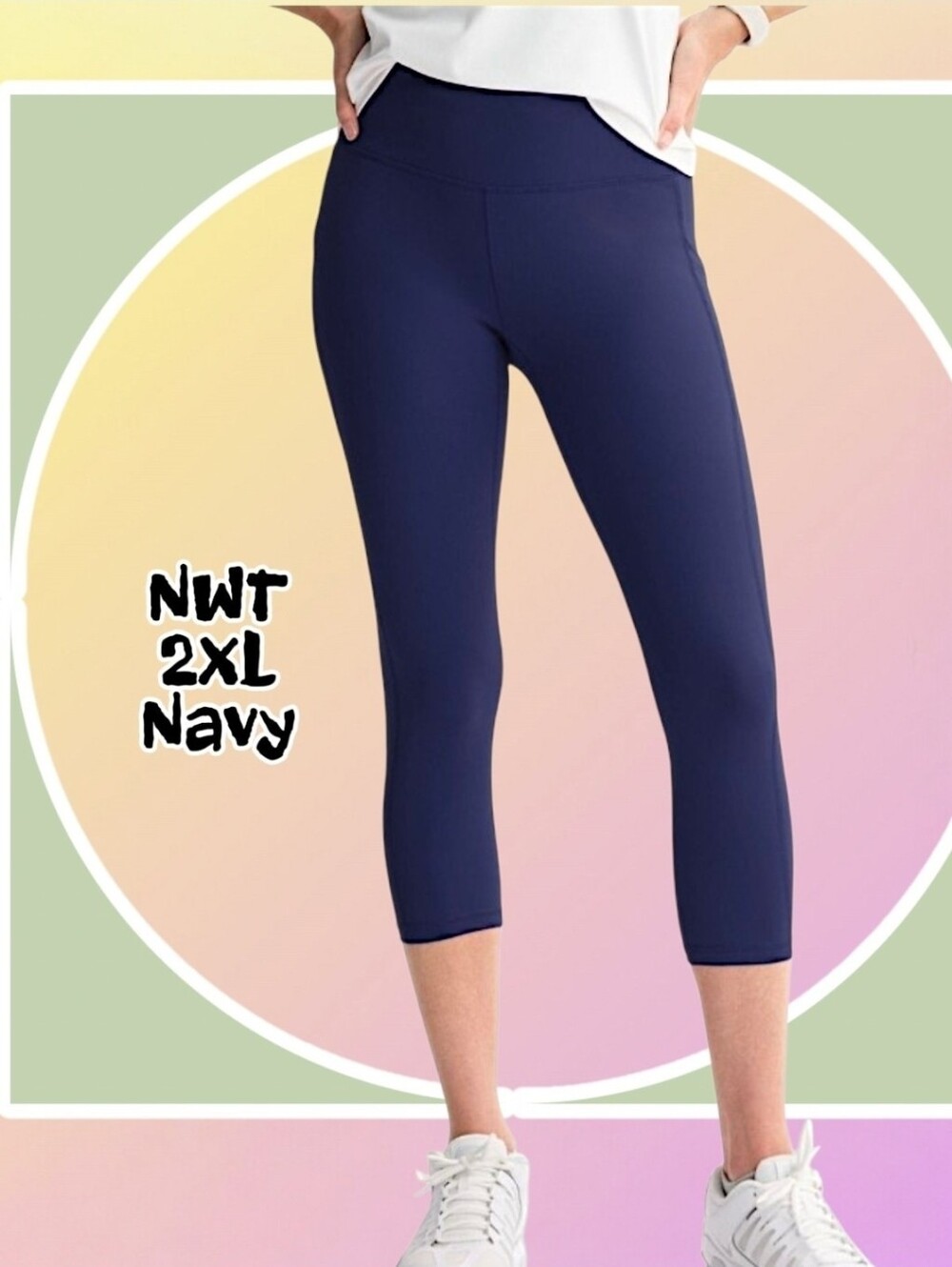 NWT 2XL High Waist Capri Leggings w 2 Side Pockets NAVY